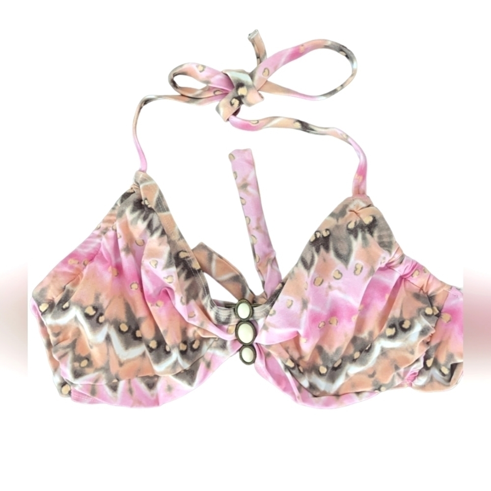 NWT Coco Reef Underwire Halter Multicolored‎ Swim Top with White Stones 32/34C